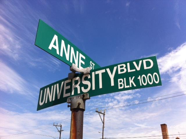 Anne St. and University Blvd. East street signs in Takoma Park Maryland Crossroads Farmers Market